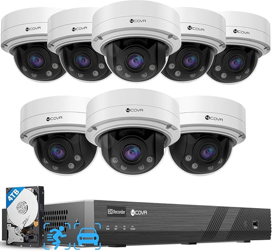 4COVR 16 Channel PoE Security Camera System 4K, 8Pcs 5X Optical Motorized Zoom IK10 Vandal-Proof 8MP Wired IP Dome Camera for Business, IP67 & AI Human Vehicle Detection, 4K NVR 4TB HDD, LY57BA8M1608
