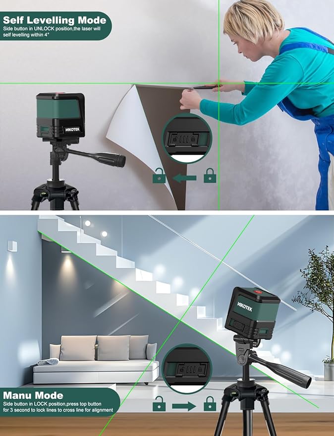 Laser Level Self-Leveling Green Beam Horizontal and Vertical Crossline Laser for Home Decor Carrying Pouch, Tripod Battery Included (NK02G with 47 Inch Tripod)