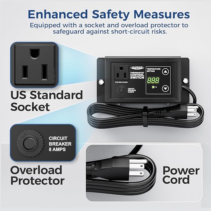 ALORAIR Adjustable Thermostat Control, with Socket and Overload Protector, Replacement Thermostat, for Power Attic Ventilators, TCS-10