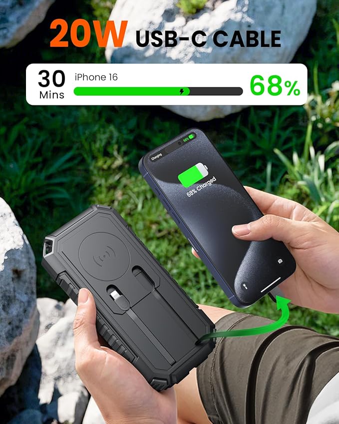 Riapow Solar Charger Power Bank, 27000mAh Wireless Portable Charger Built-in Cables, 22.5W Fast Charging Battery Bank with USB C in/Output, PD QC 3.0 Battery Pack Flashlights Outdoor (Black)