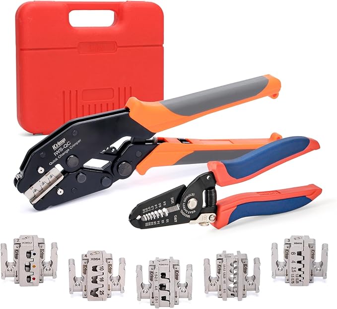 iCrimp Rachet Crimping Tool Set with Wire Stripper, Quick Change Jaws for Open Barrel Terminals, Insulated& Non-insulated Terminals, Solar Terminals, End Sleeves Ferrules- 8PCS included