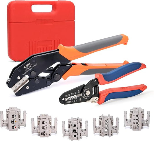 iCrimp Rachet Crimping Tool Set with Wire Stripper, Quick Change Jaws for Open Barrel Terminals, Insulated& Non-insulated Terminals, Solar Terminals, End Sleeves Ferrules- 8PCS included