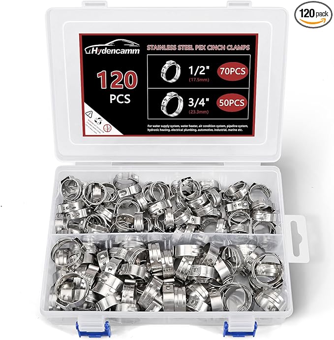 120PCS 1/2",3/4" PEX Clinch Clamps Kit, Premium 304 Stainless Steel Pex Clamps PEX Clamp Rings, Rings Pinch Clamps for PEX Tubing Pipe Fitting Connections By Hydencamm
