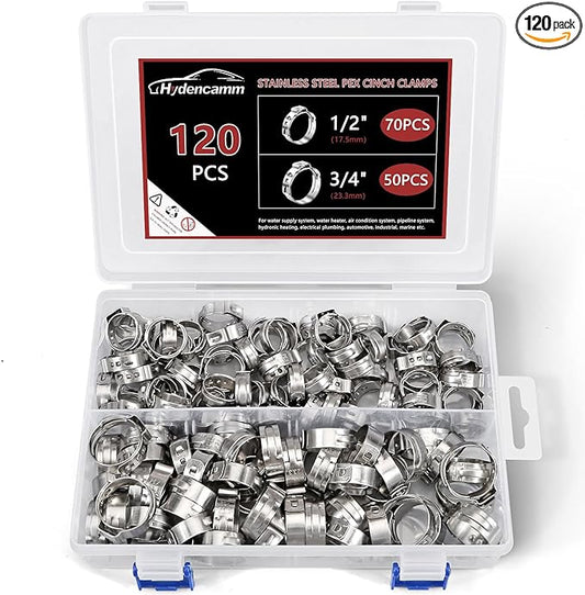 120PCS 1/2",3/4" PEX Clinch Clamps Kit, Premium 304 Stainless Steel Pex Clamps PEX Clamp Rings, Rings Pinch Clamps for PEX Tubing Pipe Fitting Connections By Hydencamm