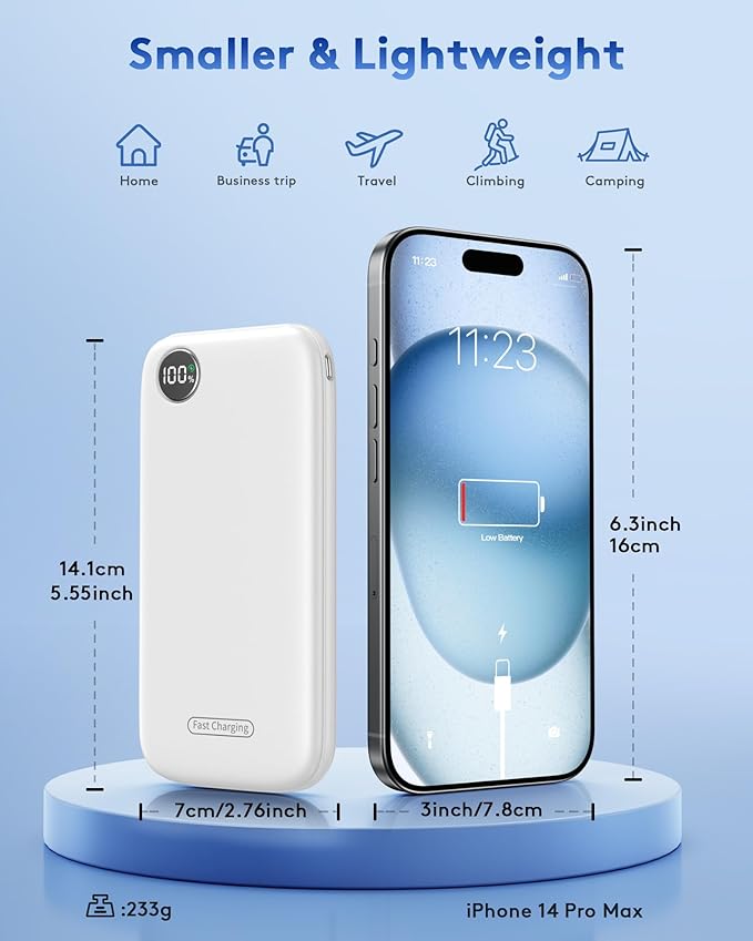 Powerbank Fast Charging Max 12V/4.5A, Ultra Slim Portable Charger USB C 10000mah, Travel Power Bank for iPhone 11 12 13 14 15 16 Samsung Android, DC Lightweight Battery Pack Phone Charger, White