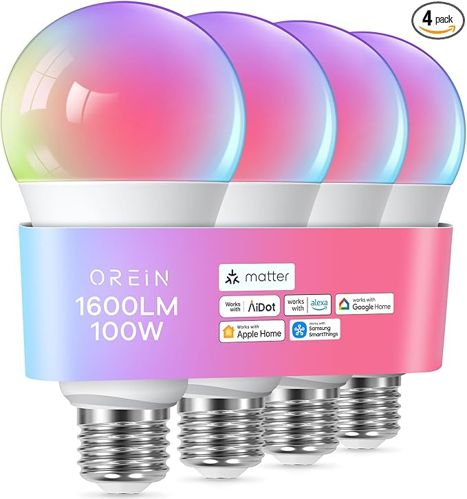 OREiN Matter Smart Light Bulb, 1600 Lumens 100W Equivalent Smart Light Bulbs, Color Changing Light Bulbs Work with Apple Home, Alexa, Google Home, SmartThings, A21 Smart Bulbs 2.4Ghz WiFi, 4Pack
