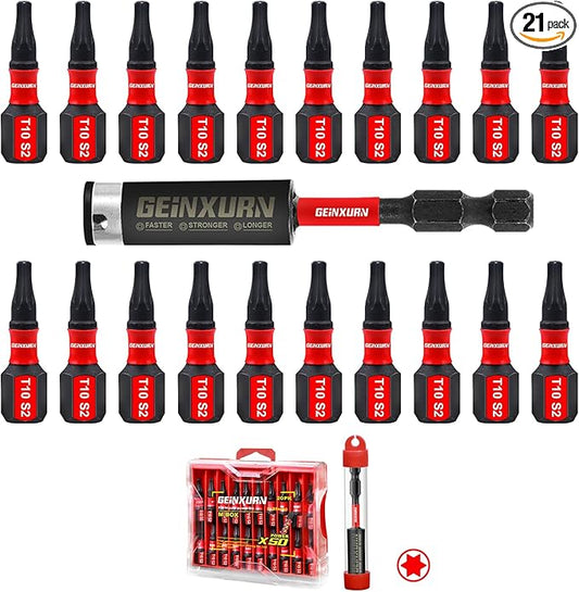 20Pieces 1 In. T10 Impact Tough Magnetic Screwdriver Bit Set, #10 Torx Head Insert Bits, S2 Alloy Steel Star Bits with 1Pc Impact Bit Holder and Storage M-Box