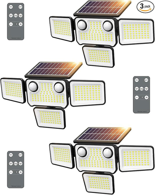 4500LM Solar Lights Outdoor Waterproof, 254 LED Solar Flood Lights Outdoor with 2 Motion Sensor, 4 Heads Security Light with Remote Control for Yard Outside House Garage 3 Pack