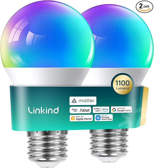 Linkind Matter Smart Light Bulb,1100LM 75W Smart Bulbs Work with Alexa/Apple Home/Google Home/SmartThings, RGBTW LED Color Changing Bulbs Music Sync, 2.4GHz Wi-Fi Light Bulbs LED 11W, A19 E26, 2Pack