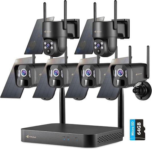 Kittyhok Wireless Solar Security Camera System | 4pcs Bullet Solar Camera, 2pcs PT Solar Security Camera Outdoor, Solar Power, Human Detection, Spotlight, 10CH NVR, Local Storage, No Monthly Fees