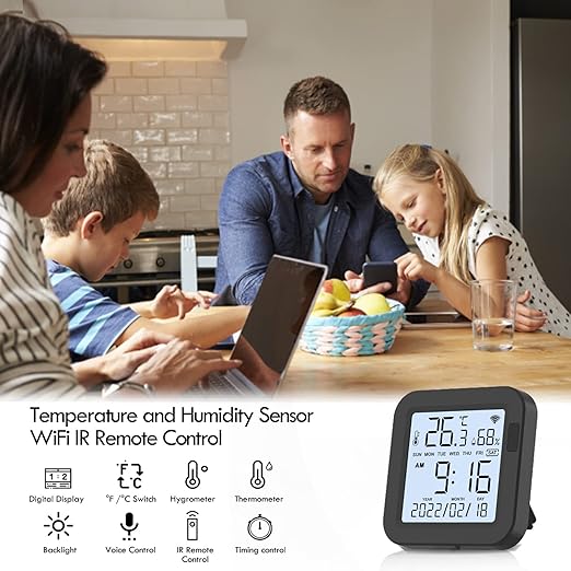 eMylo WiFi Thermometer Hygrometer, Smart IR Remote, Digital Temperature and Humidity Sensor with Backlight, Universal IR Remote Compatible with Alexa and Google Assistant