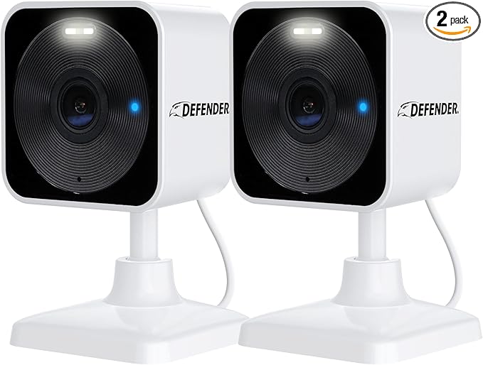 Defender GO 2K AI Powered Plug-in Indoor/Outdoor Home, Business, Pet, Baby Camera, AI Detection, Gigaxtreme Next-Gen Dual Band Connection, Spotlight/Siren, Color Night Vision, ClearVu App, 2 Pack