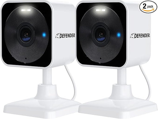 Defender GO 2K AI Powered Plug-in Indoor/Outdoor Home, Business, Pet, Baby Camera, AI Detection, Gigaxtreme Next-Gen Dual Band Connection, Spotlight/Siren, Color Night Vision, ClearVu App, 2 Pack