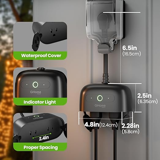 GHome Smart Outdoor Plug Wi-Fi Outlet, Dual Individual Sockets Smart Plug with IP64 Waterproof, Works with Alexa Google Assistant & SmartThings, No Hub Needed for Smart Home Control, 2.4G WiFi Only