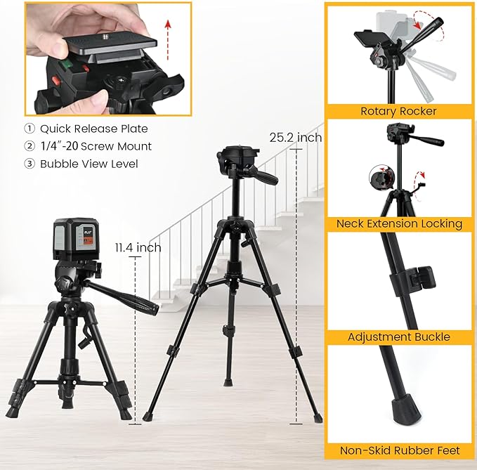 MJF 2 Line Laser Level with Tripod, 100 feet Self Leveling Laser Level, Green Cross Line Self leveling, 4 Brightness Adjustment, Manual Self leveling Mode, Carrying Bag Included