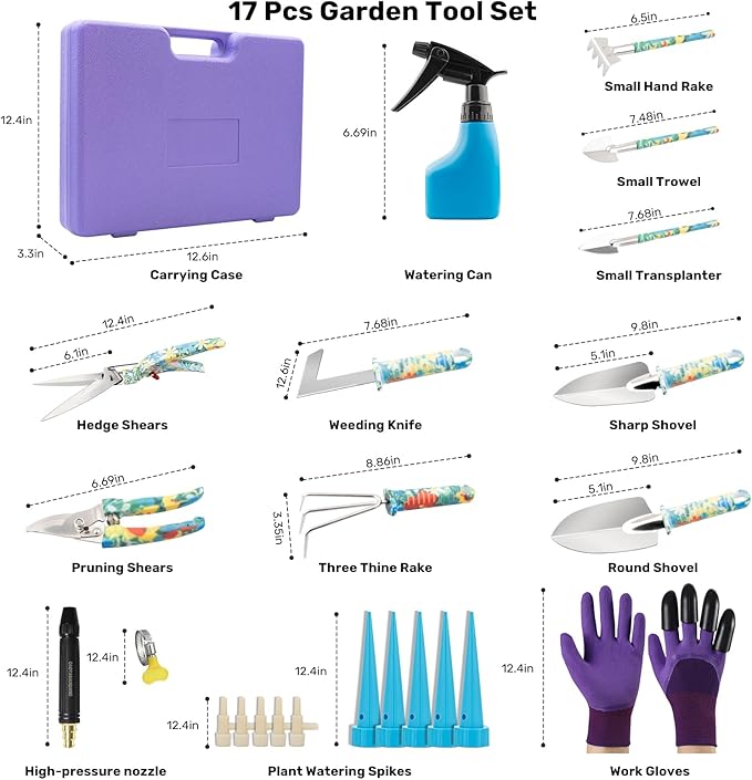 Garden Tool Set, 17-Piece Garden Tools with Floral Print, 304 Stainless Steel Garden Tools Set, Gardening Kit Gardening Gifts for Women, Blue