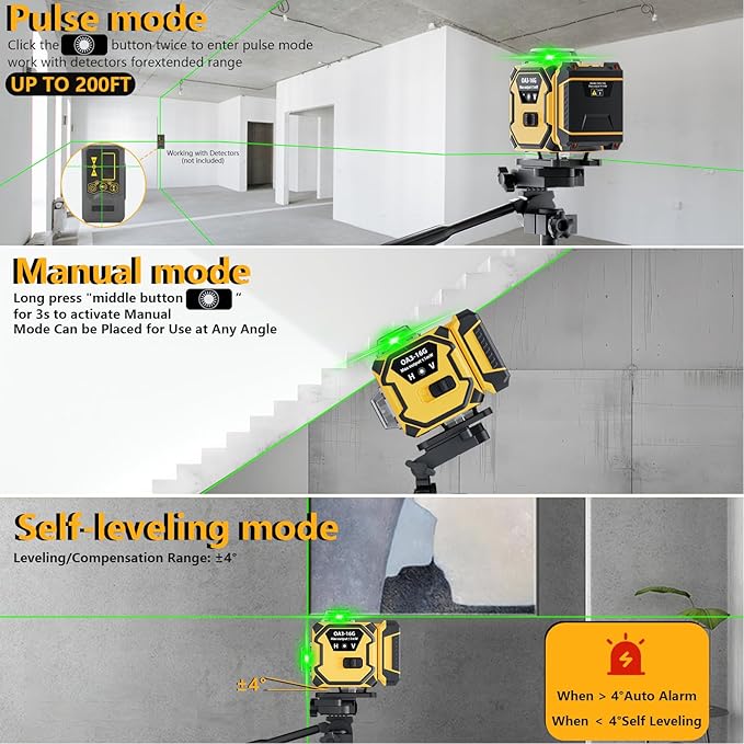 16 Line Laser Level 360 Self Leveling,Professional 4 x 360 Laser Level with Pulse Mode,4D Green Alignment Laser for Construction and Picture Hanging,with 2 Batteries,Magnetic Bracket,Hard Carry Case