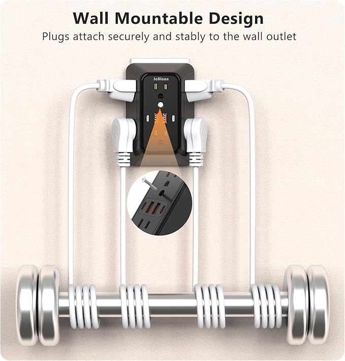 USB Wall Charger Power Strip Surge Protector with 4 USB Ports (2 USB C) Plug Extension Multiple Outlets Plug Extension Multi Outlet Plug in Adapter Spaced Outlets for Home Office Travel,White (Black)