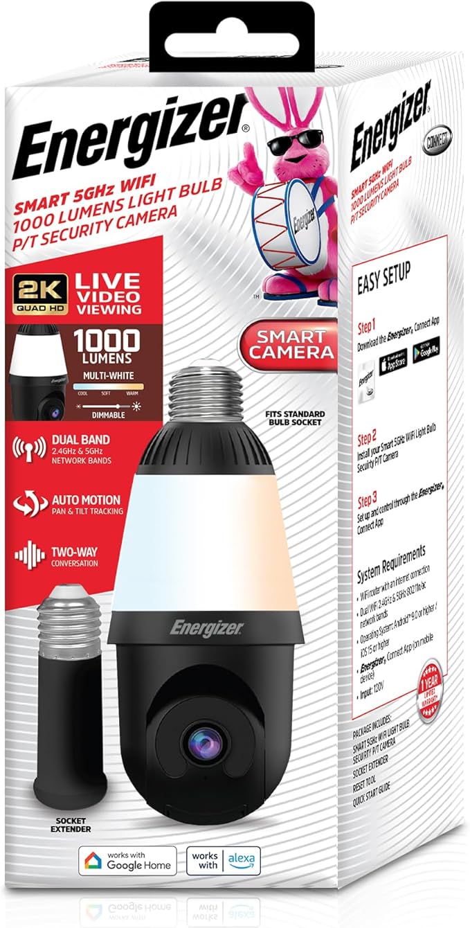 Energizer Smart 2K Light Bulb Security Camera, 1000 Lumens LED Light, 5GHz & 2.4GHz Wi-Fi Outdoor Socket Camera, Auto Tracking, Pan and Tilt, Night Vision, 2-Way Audio, Works with Google Home & Alexa