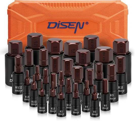DISEN 32-Piece HEX Bit Socket Set, SAE & Metric Allen Wrench Socket Set with Enhanced Storage Case, Premium Heat Treated Chrome Vanadium Steel & S2 Alloy Steel