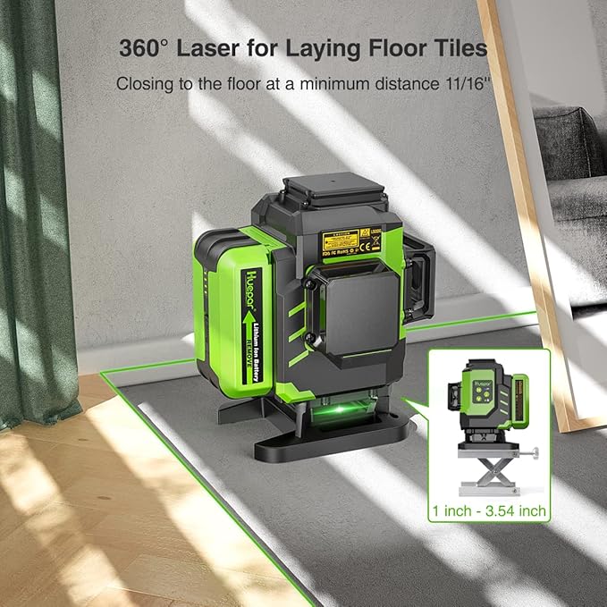 Huepar 3D Self Leveling Laser level for Tiling Floor Ground Etc., 2 Li-ion Batteries, 3x360 Cross Line Green Beam Laser Level with Type-C Charge Port & Magnetic Bracket, Hard Carry Case-LS03DG