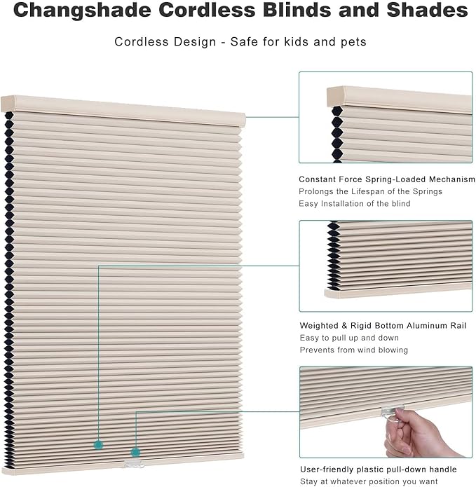 Changshade Cordless Cellular Shades, Blackout Honeycomb Shades for Windows, Pull Down Pleated Blinds, Easy to Install for Indoor Windows and French Doors,43" W x 72" H, Beige