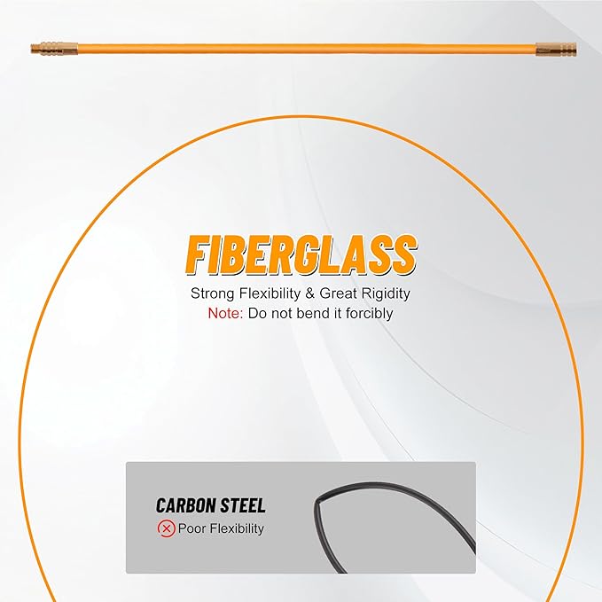 KOOTANS 33FT Fiberglass Running Electrical Wire Cable Glow Rods Wire Pulling Tools Fish Tape Wire Puller Through Wall Cable Snake Fish Rods Kit with Different Attachments