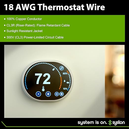 Syston 18/3 Thermostat Doorbell HVAC Heating Control Cable Wire, 18 AWG 3 Conductors 100% Solid Copper Conductors CL3R/FT4/CMR Riser-Rated, UV Resistant RoHS for Low Voltage Applications Use