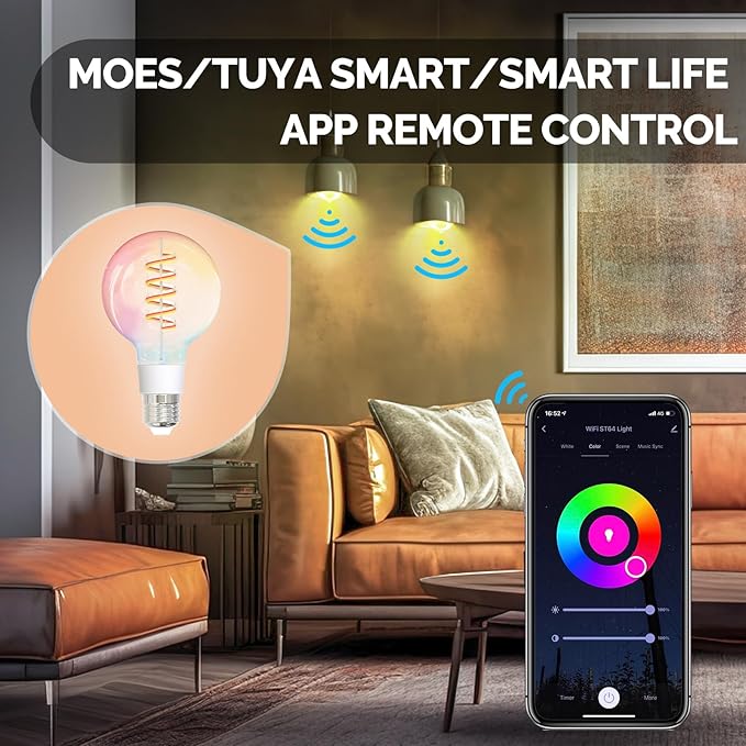 MOES Smart G80 Edison LED Light Bulbs, Color Changing WiFi G25 Smart Bulbs, 2700K-6500K CW& RGB Dimmable, Smart Life Remote Control, Work with Alexa/Google Home, 450lm 5W (50W Equivalent) 2 Pack