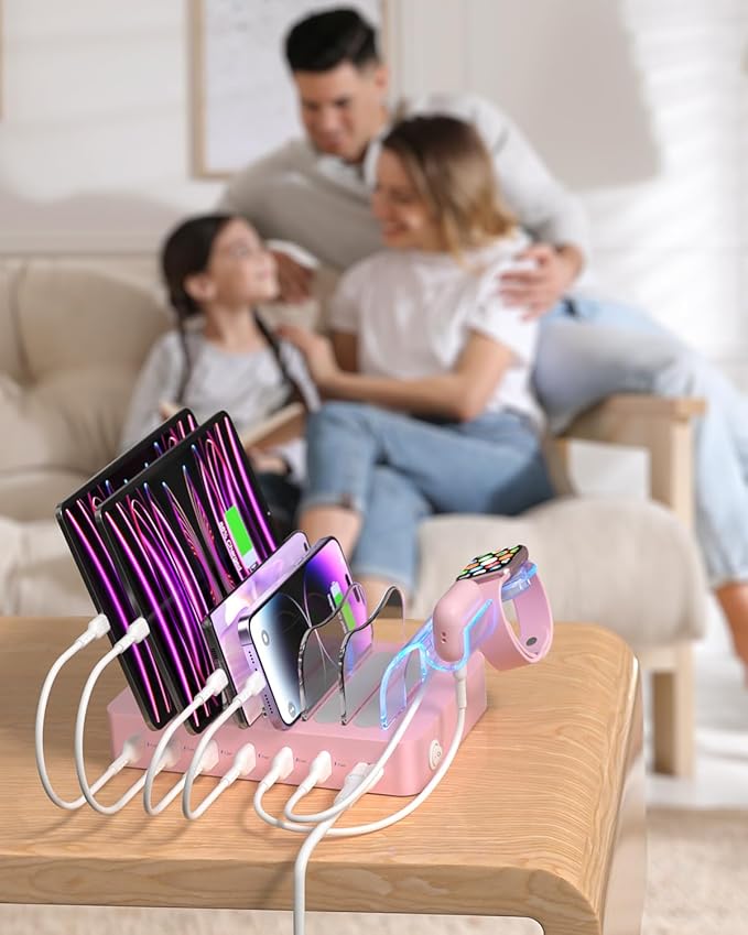 SooPii Premium 6-Port USB Charging Station Organizer for Multiple Devices, 6 Short Charging Cables and One Upgraded i-Watch Charger Holder Included, for Phones,Tablets and Other Electronics, Pink