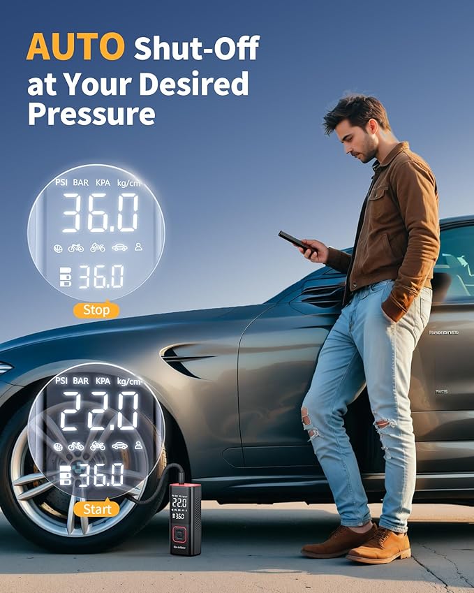 Cordless Tire Inflator Portable Air Compressor - 150PSI Air Pump with Auto Shutoff Function for Car Tires, Inflatables, Motorcycle, Balls, Compact Bike Tire Pump with LED Light, Red, Large