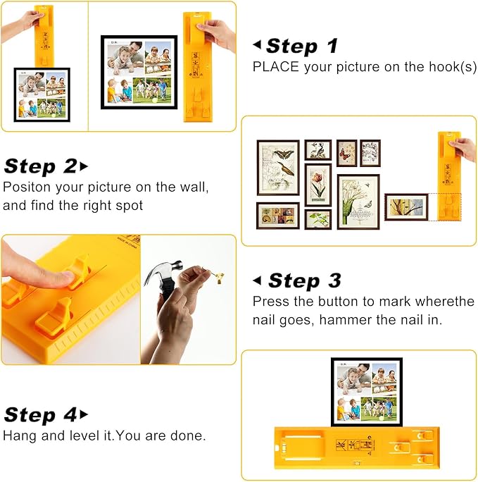 Picture Hanging Kit, Goodsnova Picture Hanging Tool with Level for Easy Marking Position, Including 218PCS Instaframe Hanging Kit with Hooks, Nails, Wires, Hammer for Art/ Photos (Yellow)