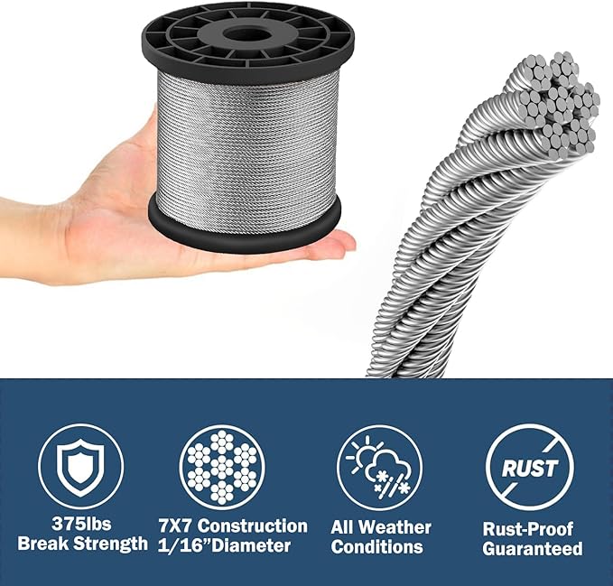 Wire Rope Crimping Tool Kit,165FT Wire Rope Kit,1/16" Stainless Steel Cable with 150PCS Aluminum Crimping Loop Sleeve, 20Pcs Wire Rope Thimble