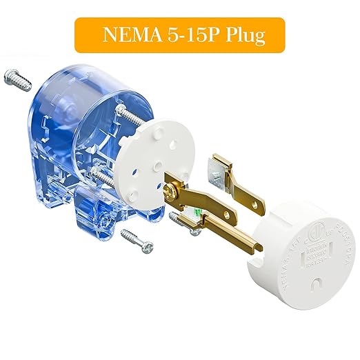 2 Pack Nema 5-15P Plug, Plugrand 90 Degree Right Angle Plug 15A 125V Angled Plug, Nema 5-15P DIY AC Plug, USA 3-Prong Household Right Angle AC Plug, Transparent Blue ETL Verified