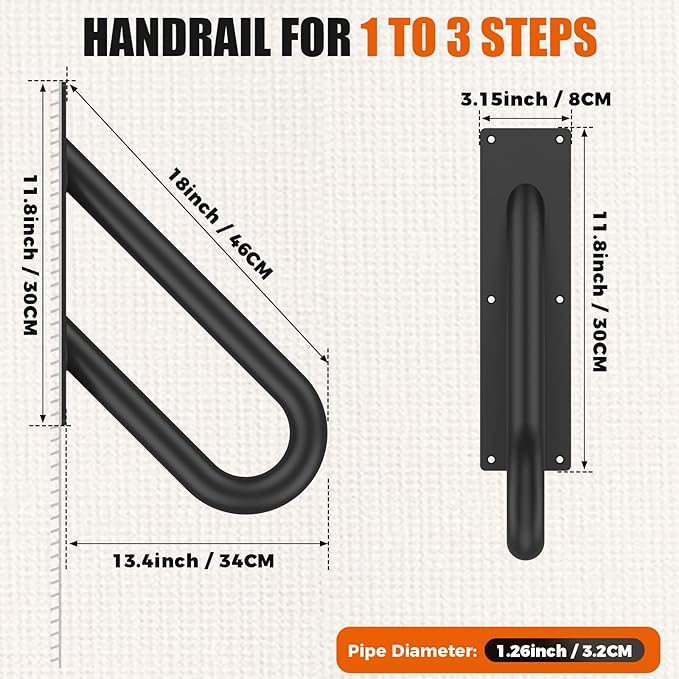 GORWARE Handrails for Outdoor Steps,18" U-Shaped Handrail Wall Mount with Matte Black Finished,1-3 Steps Railings,Safety Grab Bar for Outdoor Indoor Stairs, Garage, Porch, Toilet, Yard and Garden.
