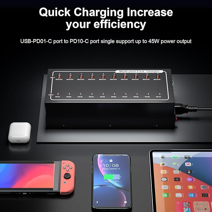 Lcoco&Dream 400W Super Charging Station, 20 Port Fast Charging（10USB C+10USB A） Desktop Charging Station,simultaneously Charges Mobile Phones, Tablets, Headphones and Other Devices at high speeds