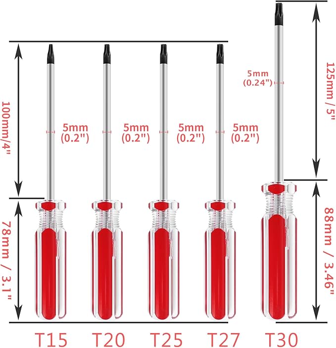 5 Pcs Torx Security Screwdriver Set with Magnetic Tip Plastic Grip, Torx Screwdriver for Computer Repairing, (T15 T20 T25 T27 T30)