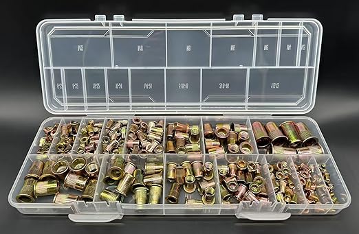 Metric and SAE Rivet nut Combination Kits of ZIOJOVK 15 Size (256 Pieces) m3 m4 m5 m6 m8 m10 m12#6-32#8-32#10-32#10-24 1/4"-20 5/16"-18 3/8"-16 1/2"-13UNC Flat Head Galvanized nut kit