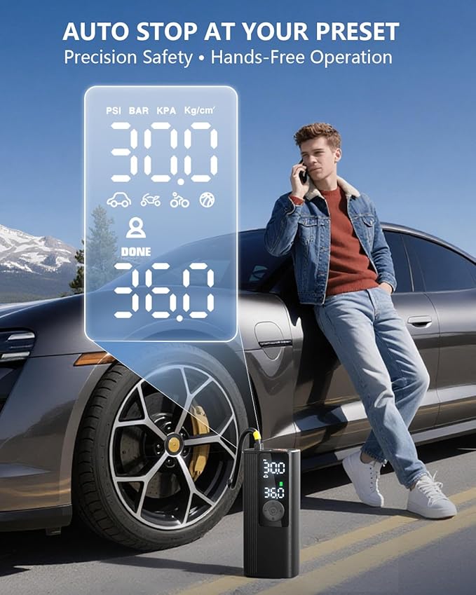 Tire Inflator Portable Air Compressor, 3X Faster Inflation Cordless Air Pump for Car Tires with Digital Pressure Gauge/LED Light, 150PSI Tire Pump with Auto Shut-Off for Car, Motorcycle, Bicycle, Ball