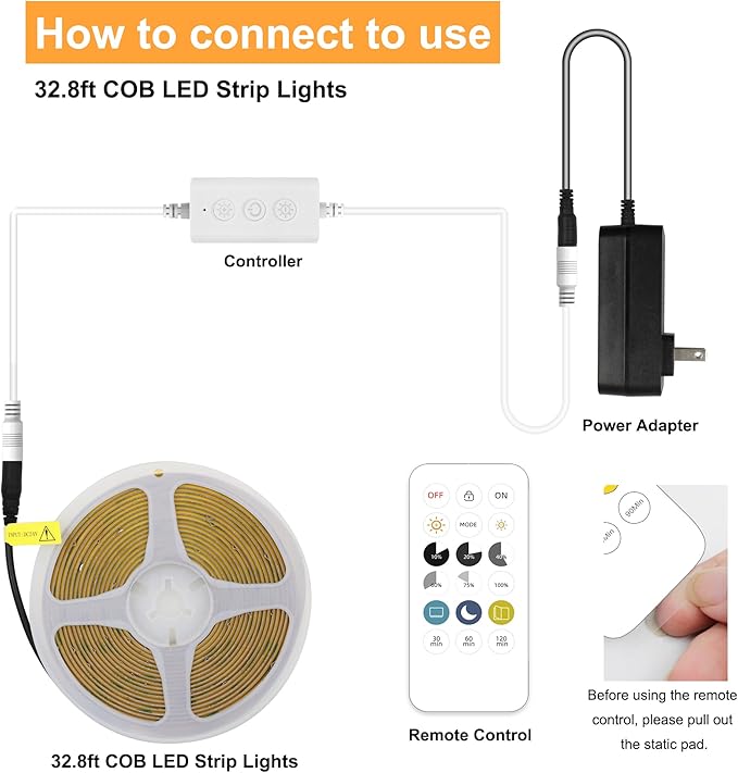 COB LED Strip Lights with RF Remote, 24V 32.8ft Warm White Dimmable LED Light Strips, High Bright 3000K LED Lights with Power Supply for Room, Kitchen, DIY Home Decoration