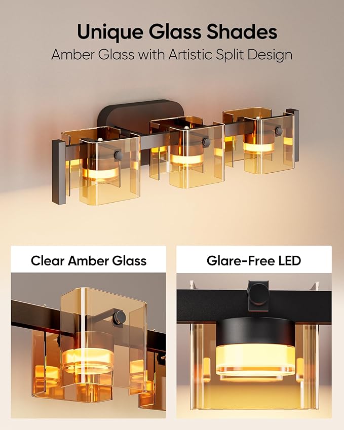 JACKYLED Bathroom Light Fixture, Modern 3-Light Vanity Lights with Art Glass Shades, 3 Color Temperatures LED Bathroom Lighting Fixture Over Mirror, 20W 1200 Lumen 30° Adjustable, Amber Glass