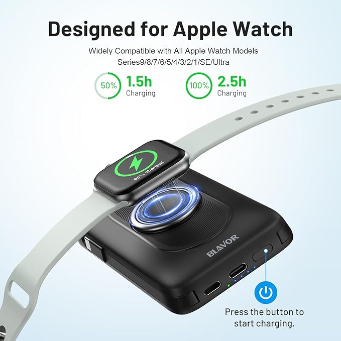 BLAVOR for Magsafe Portable Charger with Built-in Cables, USB C 20W Fast Charging, 10000mAh Magnetic Wireless Power Bank, Battery Pack with Stand for iPhone 16/15/14/13/12, Powerbank for Apple Watch