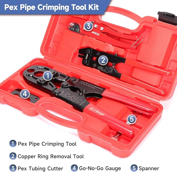 iCrimp Combo Pex Pipe Crimping Tool Kit for 1/2 and 3/4-inch Copper Ring, meets ASTM 1807, Copper Ring Crimper, Removal Tool and Pex Tubing Cutter