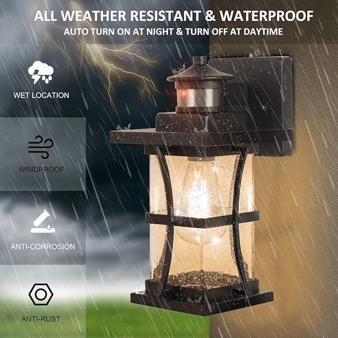 2 Packs Motion Sensor Outdoor Wall Lights - Upgrade Dusk to Dawn Porch Lighting, LED Exterior Lantern Fixture Wall Sconce, Waterproof Outside Light For House, Black Anti-Rust Lamp For Garage Doorway