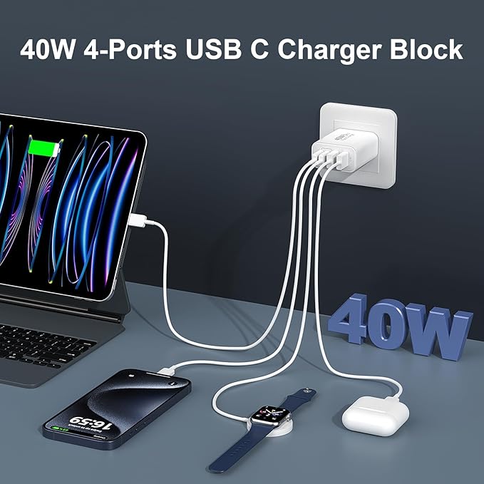 40W USB C Charger Block for iPhone 17/17 Pro/17 Pro Max/Air/16/16 Pro/16 Pro Max/16 Plus/15/15 Pro Max/14 13 12 11 Pro Max XS XR X, 4-Port PD+QC Multiport Power Adapter Type C Fast Charging Brick Cube