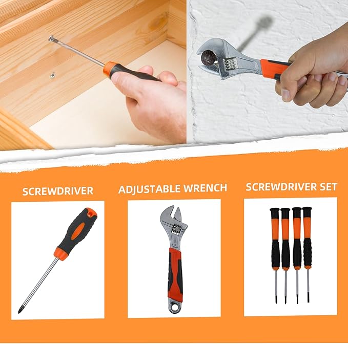 45 Piece Tool Kit Basic Home Repair Tool Set,General Household Tool Kit with Plastic Tool box,Perfect for Outdoor working,Office & College Dorm.Tools mainly include hand saw,wrench,hammer,Screwdriver
