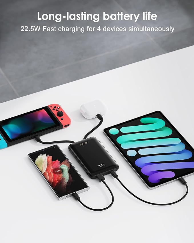 Portable Charger 10000mAh, Cell Phone Portable Power Banks with 22.5W PD Fast Charging, Compact Phone Charger Built in Cable, Compatible with Apple, Samsung, Google, Motorola and More-Black