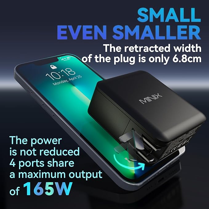 MINIX 165W USB C Charger,GaN II Charger PD3.1 Max 140W,Turbo 4-Port Charging Adapter, Fast Charging Station, Compatible with MacBook Pro/iPad Air/iPhone15 14 13Pro Max/Galaxy S24 Ultra and More
