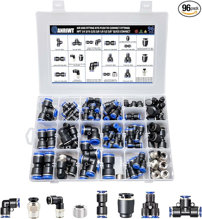 96Pcs Quick Connect Air Hose Fitting Kit, NPT 1/4,3/16, 5/32,3/8,1/8,1/2,5/8" Push To Connect Fittings Air Line Pneumatic Fittings Kit Connectors for Automotive Car or Industrial Workshops