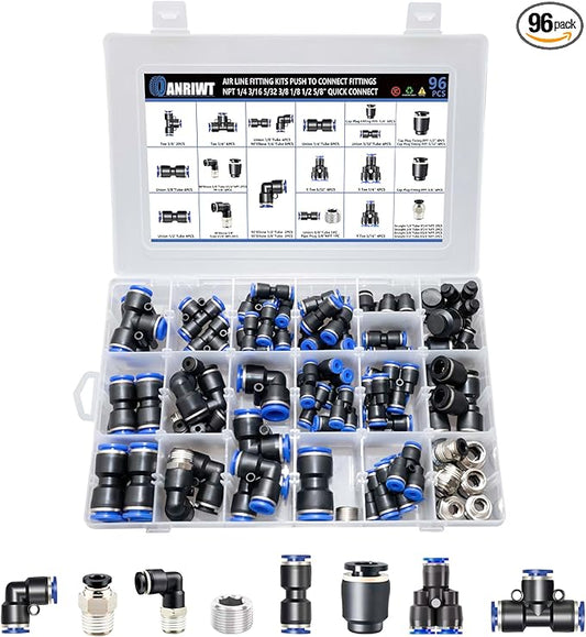96Pcs Quick Connect Air Hose Fitting Kit, NPT 1/4,3/16, 5/32,3/8,1/8,1/2,5/8" Push To Connect Fittings Air Line Pneumatic Fittings Kit Connectors for Automotive Car or Industrial Workshops